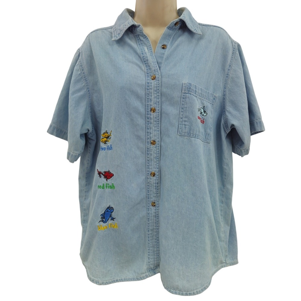 VTG Dr Seuss Shirt Women 14/16W‎ Blue Denim One Fish Embroidery Novelty Teacher